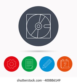 Harddisk icon. Hard drive storage sign. Calendar, cogwheel, document file and pencil icons.