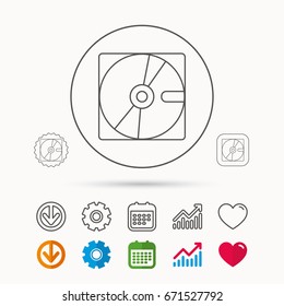 Harddisk icon. Hard drive storage sign. Calendar, Graph chart and Cogwheel signs. Download and Heart love linear web icons. Vector
