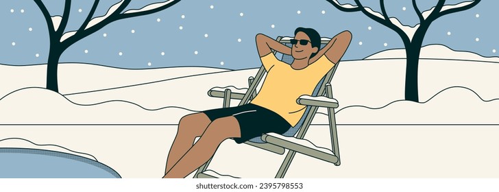 Hardened man. Healthy character during body hardening procedures. Adult man lying on a couch outside. Snowy, cold winter in background. Isolated colored flat vector illustration, banner for website.