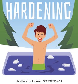 Hardening therapy poster, child boy swimming in cold water, flat vector illustration. Immune system support and strengthening. Healthy lifestyle. Kid swimming in ice-hole.