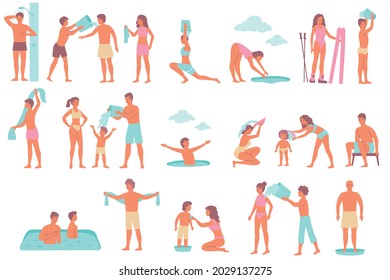 Hardening Winter Swim Set Of Flat Icons And Isolated Human Characters Bathing With Towels And Ice Vector Illustration