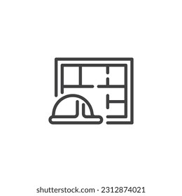 Hardhat and blueprint line icon. linear style sign for mobile concept and web design. Safety helmet and home plan outline vector icon. Construction service symbol, logo illustration. Vector graphics