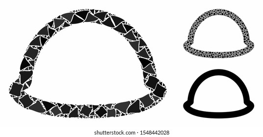 Hardhat composition of abrupt pieces in different sizes and color hues, based on hardhat icon. Vector trembly pieces are united into composition. Hardhat icons collage with dotted pattern.