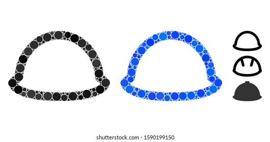 Hardhat composition of circle elements in variable sizes and color hues, based on hardhat icon. Vector small circles are united into blue composition. Dotted hardhat icon in usual and blue versions.