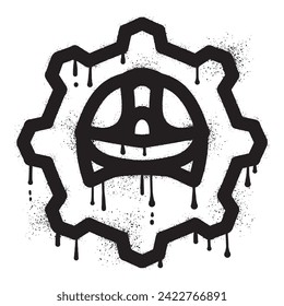 Hardhat and gear graffiti drawn with black spray paint
