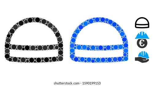 Hardhat mosaic of small circles in different sizes and color tints, based on hardhat icon. Vector small circles are grouped into blue collage. Dotted hardhat icon in usual and blue versions.