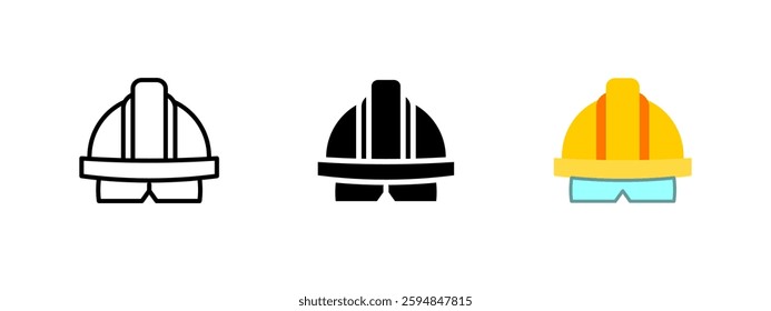 Hardhat and safety glasses icon. Protective helmet with mask symbol. Industrial and construction worker vector illustration. Secure equipment pictogram. Occupational safety and engineering protection.