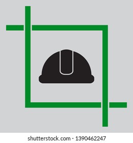 Hardhat sign. Black icon inside green crop tool at light gray background