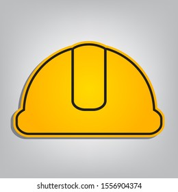 Hardhat sign. Flat orange icon with overlapping linear black icon with gray shadow at whitish background. Illustration.