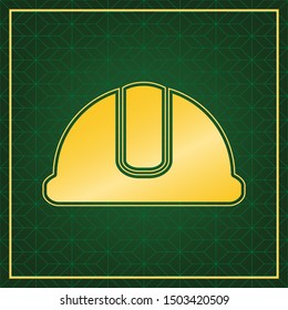 Hardhat sign. Golden icon with gold contour at dark green gridded background. Illustration.