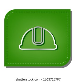 Hardhat sign. Silver gradient line icon with dark green shadow at ecological patched green leaf. Illustration.