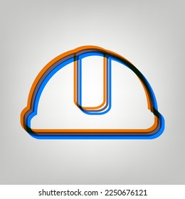 Signo de Hardhat. Icono marcado en colores naranja, azul y lavanda antigua en fondo gris. Ilustración.