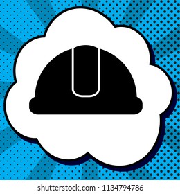 Hardhat sign. Vector. Black icon in bubble on blue pop-art background with rays.