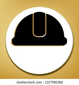 Hardhat sign. Vector. Black icon with light brown shadow in white circle with shaped ring at golden background.