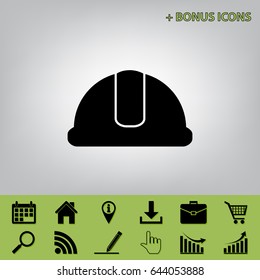 Hardhat sign. Vector. Black icon at gray background with bonus icons 
