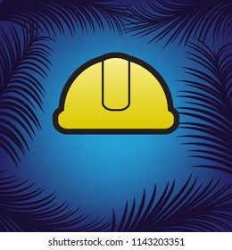 Hardhat sign. Vector. Golden icon with black contour at blue background with branches of palm trees.