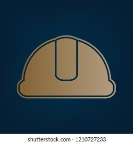 Hardhat sign. Vector. Golden icon and border at dark cyan background.