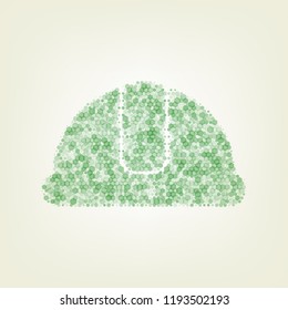 Hardhat sign. Vector. Green hexagon rastered icon and noised opacity and size at light green background with central light.