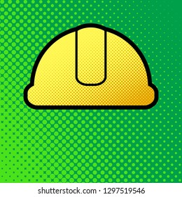 Hardhat sign. Vector. Pop art orange to yellow dots-gradient icon with black contour at greenish background.