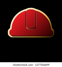 Hardhat sign. Vector. Red icon with small black and limitless shadows at golden sticker on black background.