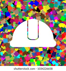 Hardhat sign. Vector. White icon on colorful background with seamless pattern from squares.