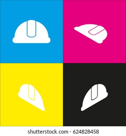 Hardhat sign. Vector. White icon with isometric projections on cyan, magenta, yellow and black backgrounds.