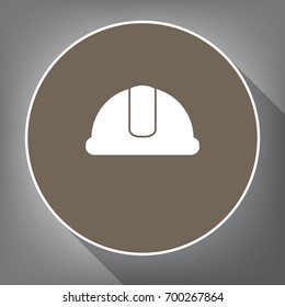 Hardhat sign. Vector. White icon on brown circle with white contour and long shadow at gray background. Like top view on postament.