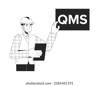 Hardhat worker explaining quality management system black and white 2D line character. Safety gear supervisor holding tablet, QMS sign isolated vector outline person. Monochromatic spot illustration