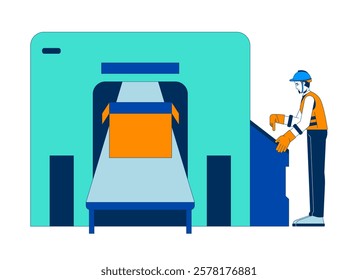 Hardhat worker operating industrial packaging machine 2D cartoon character. Engineer inspecting packing box conveyor system isolated person flat vector on white background. Spot illustration colorful