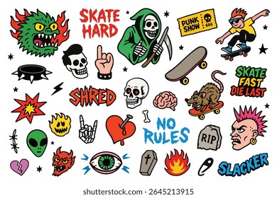 Hard-hitting bundle with flaming monster head, grim reaper, rat on skateboard and bold “No Rules” punk slogans.