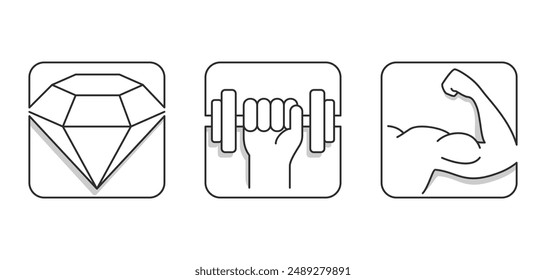 Conjunto de iconos de dureza, potencia y resistencia - para nutrición deportiva o propiedades de materiales. En forma de línea fina y cuadrada