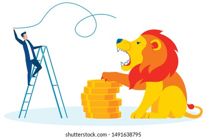 Hardships Earning Cash Cartoon Vector Metaphor. Huge Lion Guarding Pile of Gold Coins. Man Taming Angry Wild Animal. Obstacles Before Wealth and Prosperity. Businessman with Whip On Ladder