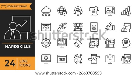 Hardskills icon set. Containing Accounting, coaching, data mining, cloud computing, copywriting, career progress, software, cyber security, and more. Editable stroke. Vector illustration