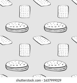 Hardtack seamless pattern greyscale drawing. Useable for wallpaper or any sized decoration. Handdrawn Vector Illustration