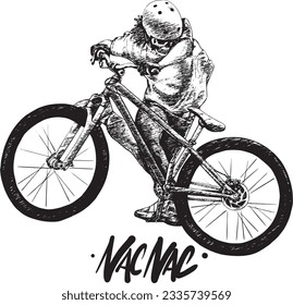 Hardtail Rider skull head dreadlock hair fly jump doing trick nac nac mountain bike dirtjump slopestyle downhill digital painting illustration vector black and white hand drawn hatching style scribble