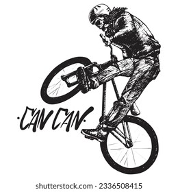 Hardtail Rider skull head dreadlock hair fly jump doing trick can can mountain bike dirtjump slopestyle downhill digital painting illustration vector black and white hand drawn hatching style scribble