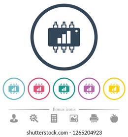 Hardware acceleration flat color icons in round outlines. 6 bonus icons included.