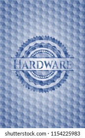 Hardware blue emblem with geometric background.