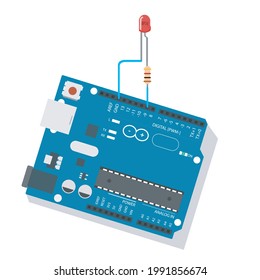 A hardware boards technical prototype of IoT object to with blue jump wire connect to energy and red light to create smart iot lamp,  with isolate white background