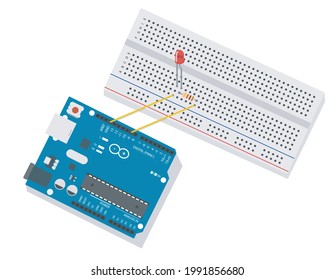 A hardware boards technical prototype of IoT object to with blue jump wire connect to energy and red light in motherboard with the panel link to create smart iot lamp,  with isolate white background