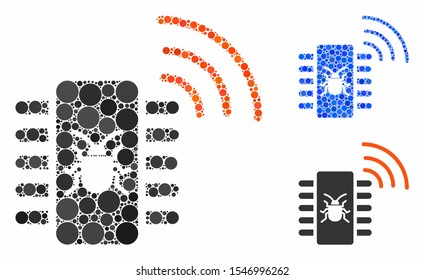 Hardware bug composition of filled circles in various sizes and color hues, based on hardware bug icon. Vector random circles are combined into blue composition.