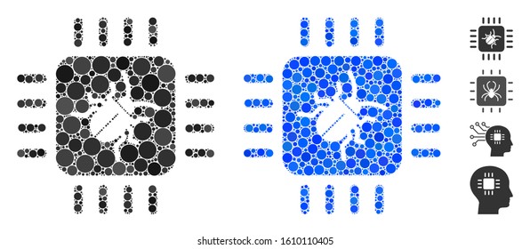 Hardware bug mosaic of filled circles in different sizes and color tones, based on hardware bug icon. Vector small circles are organized into blue mosaic.