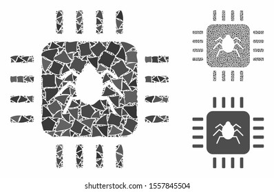 Hardware bug mosaic of tremulant pieces in different sizes and color hues, based on hardware bug icon. Vector tremulant items are combined into collage. Hardware bug icons collage with dotted pattern.