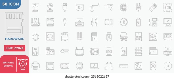 Hardware Collection Icon Set. Containing Sd Card, Camera, Headphones, And More. Editable Stroke Line.