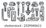 Hardware collection vector. Set of steel bolts and nuts, screw, dowel, metal anchor bolt, construction lock washer