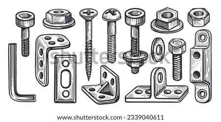 Hardware collection vector. Set of steel bolts and nuts, screw, dowel, metal anchor bolt, construction lock washer