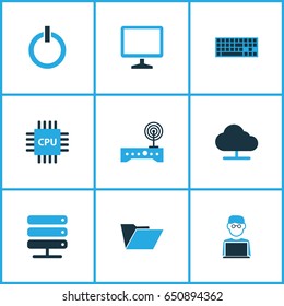 Hardware Colorful Icons Set. Collection Of Network, Power, Keypad And Other Elements. Also Includes Symbols Such As File, Modem, Keyboard.