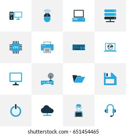 Hardware Colorful Icons Set. Collection Of Print, Earphones, Microprocessor And Other Elements. Also Includes Symbols Such As Laptop, Modem, Device.