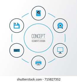 Hardware Colorful Icons Set. Collection Of Floppy Disk, Keypad, Winchester And Other Elements. Also Includes Symbols Such As Floppy, Diskette, Web.