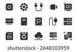 Hardware components glyph icons pack for web design. Solid icon set with circuit, microchip, memory card, usb cable, motherboard, processor, server, computer and more pictograms. Vector illustration.